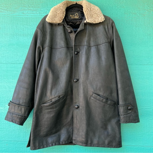 VINTAGE 90’s MACDOUGLAS LEATHER LONG JACKET SHERPA COLLAR CHARCOAL SIZE LARGE - Picture 1 of 13